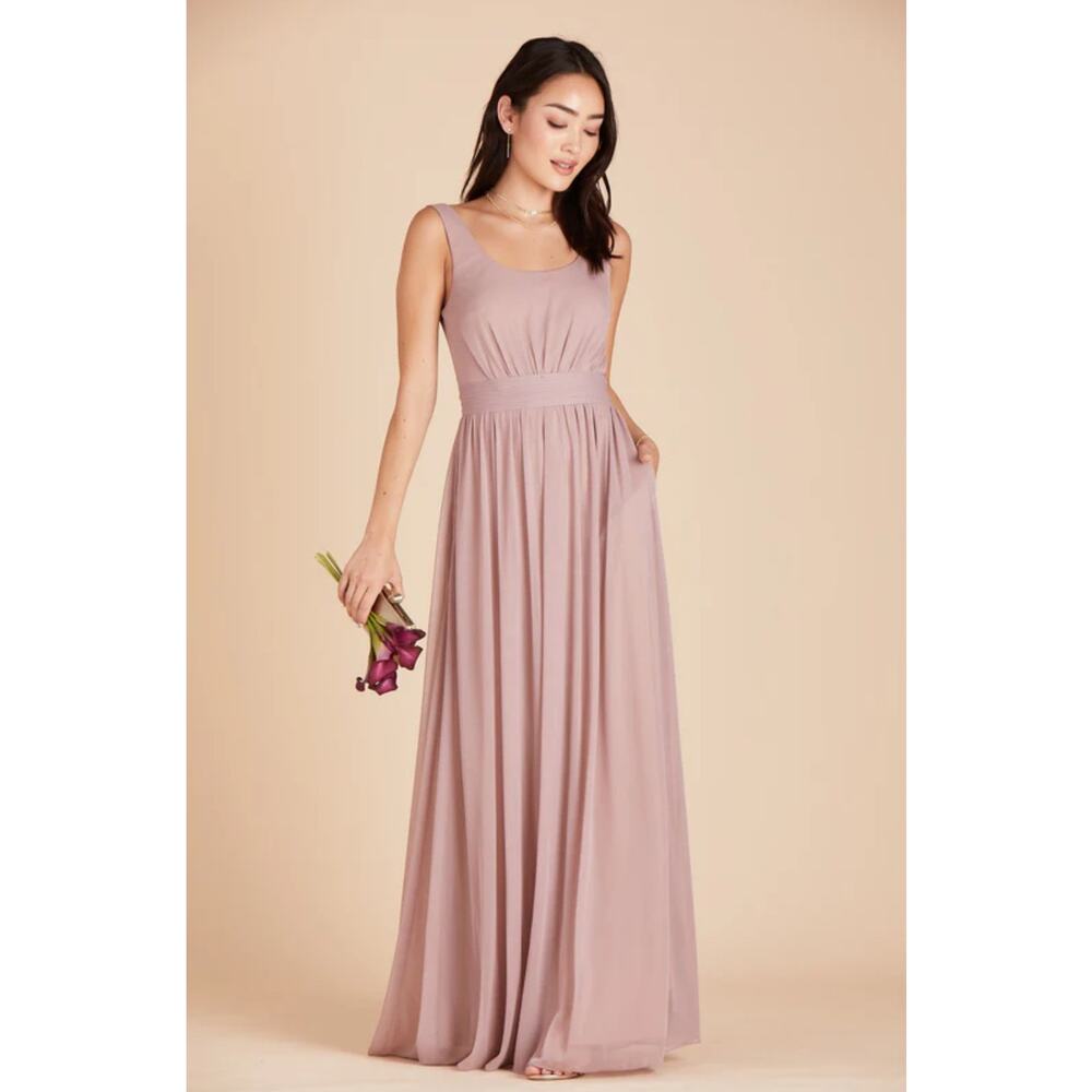 Birdy Grey Jan Mesh Maxi Dress Sleeveless Formal Gown Mauve Scoop Neck Large NWT